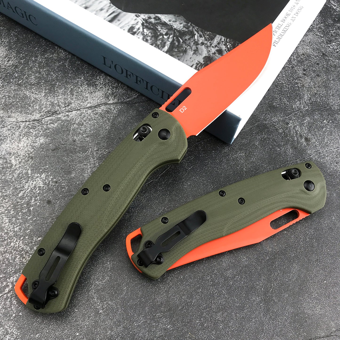 8 In Folding Pocket knives, Thumb Hole Manual Open Hunting Knife, D2 Orange Blade, G10 Handles With Pocket Clip for Outdoors, Camping (green)