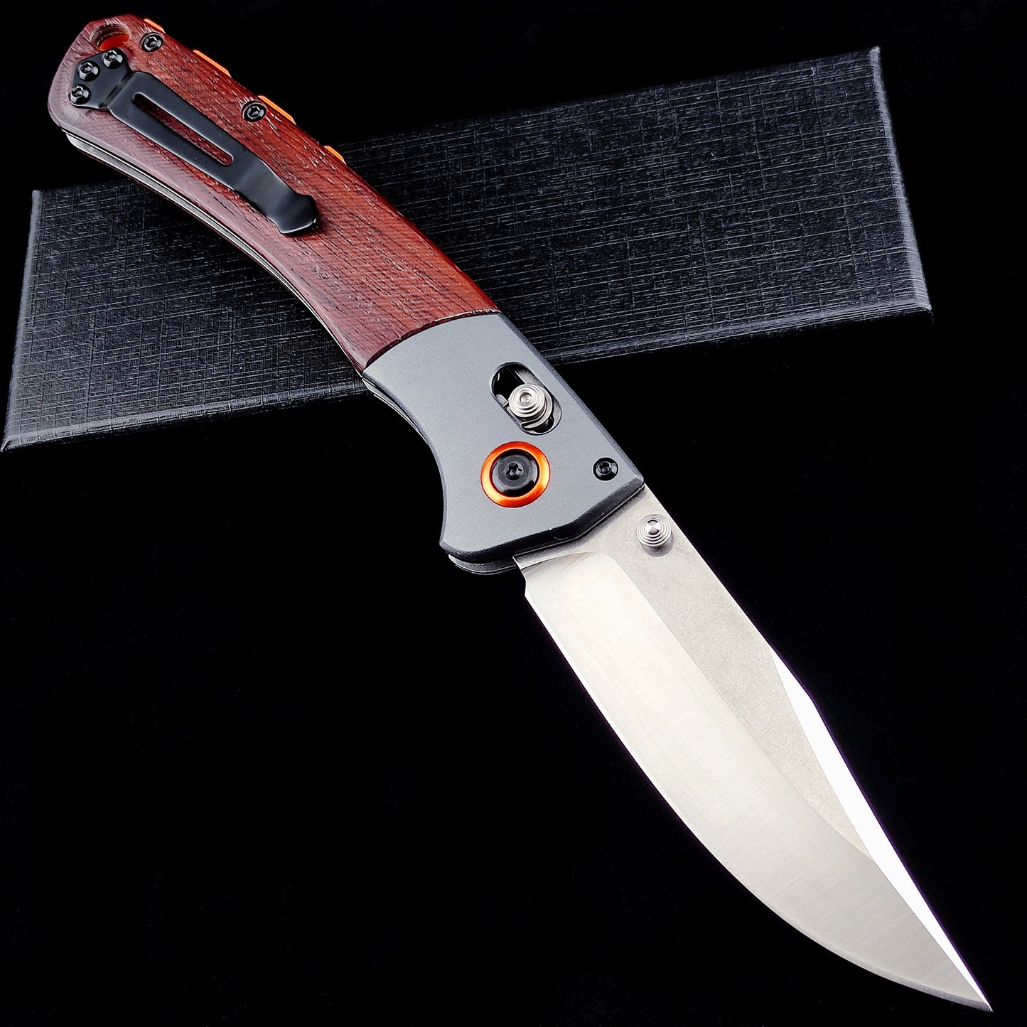 EDC Folding Pocket Knife, D2 Blade, Wood Handle, Thumb Stud Manual Open Camping Folding Knife for Outdoor (Orange)