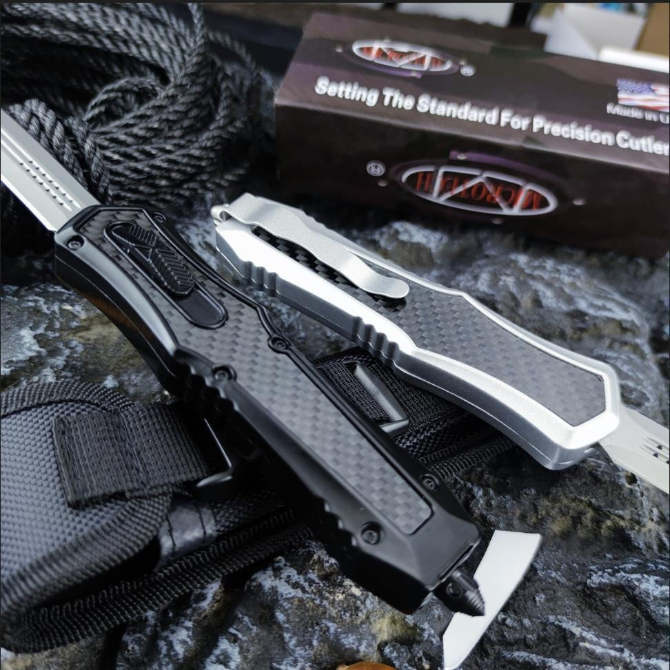 MICROTECH No.3 High Quality Adjustable Switchblade Flick Knife Tactical Dagger OTF-Safety Cutting Knives 440C Steel and Zinc Alloy Inlaid with Carbon Fiber Spring Assisted Knives Camping Hunting Outdoor Hand Tools