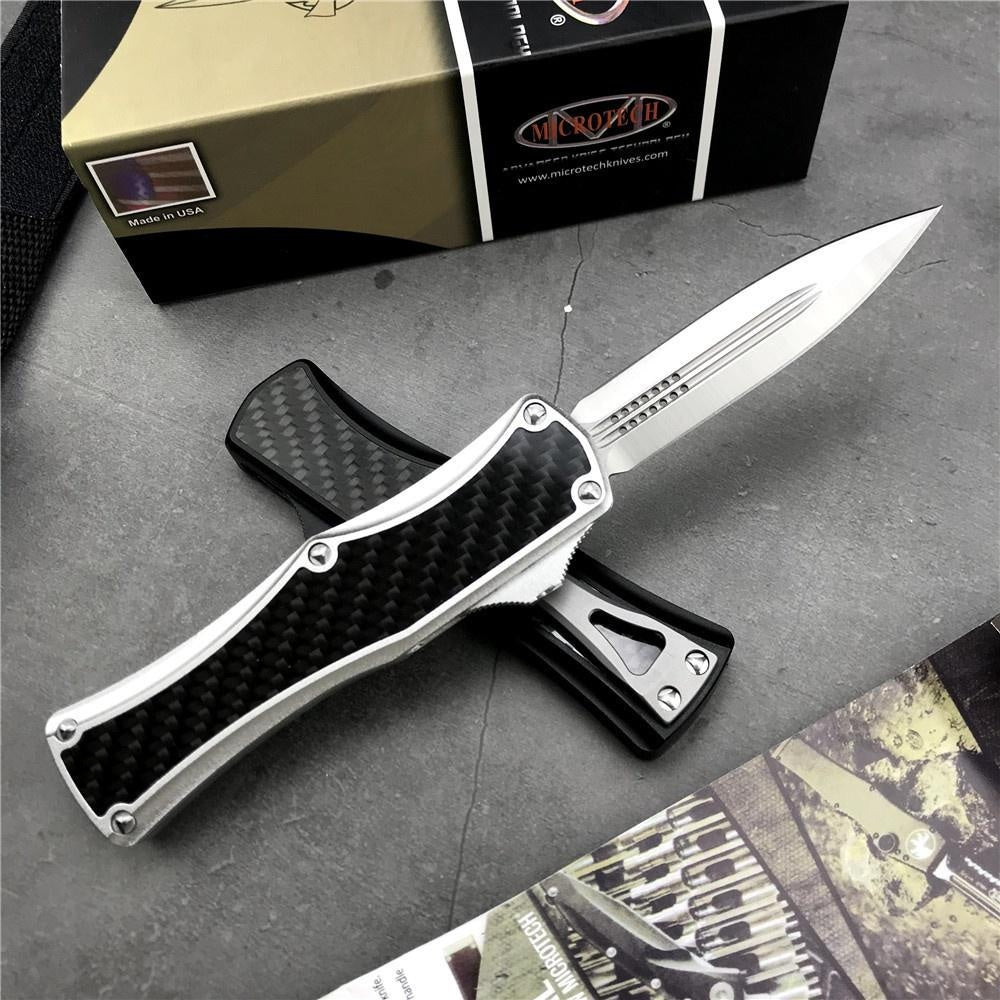 Microtech OTF tactical double automatic switchblade knife,D2 steel blade, 3K carbon fiber + aluminum handle,EDC Outdoor Hunting Pocket Knife