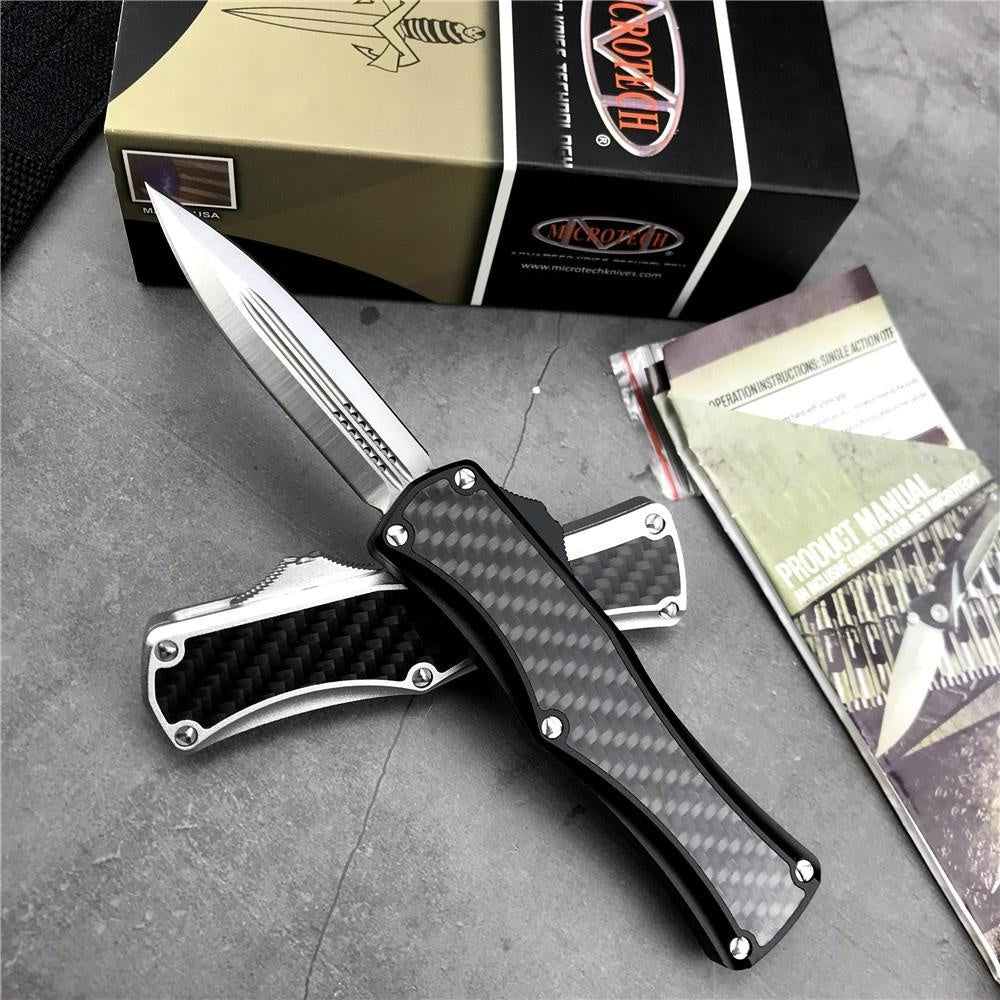 Microtech OTF tactical double automatic switchblade knife,D2 steel blade, 3K carbon fiber + aluminum handle,EDC Outdoor Hunting Pocket Knife