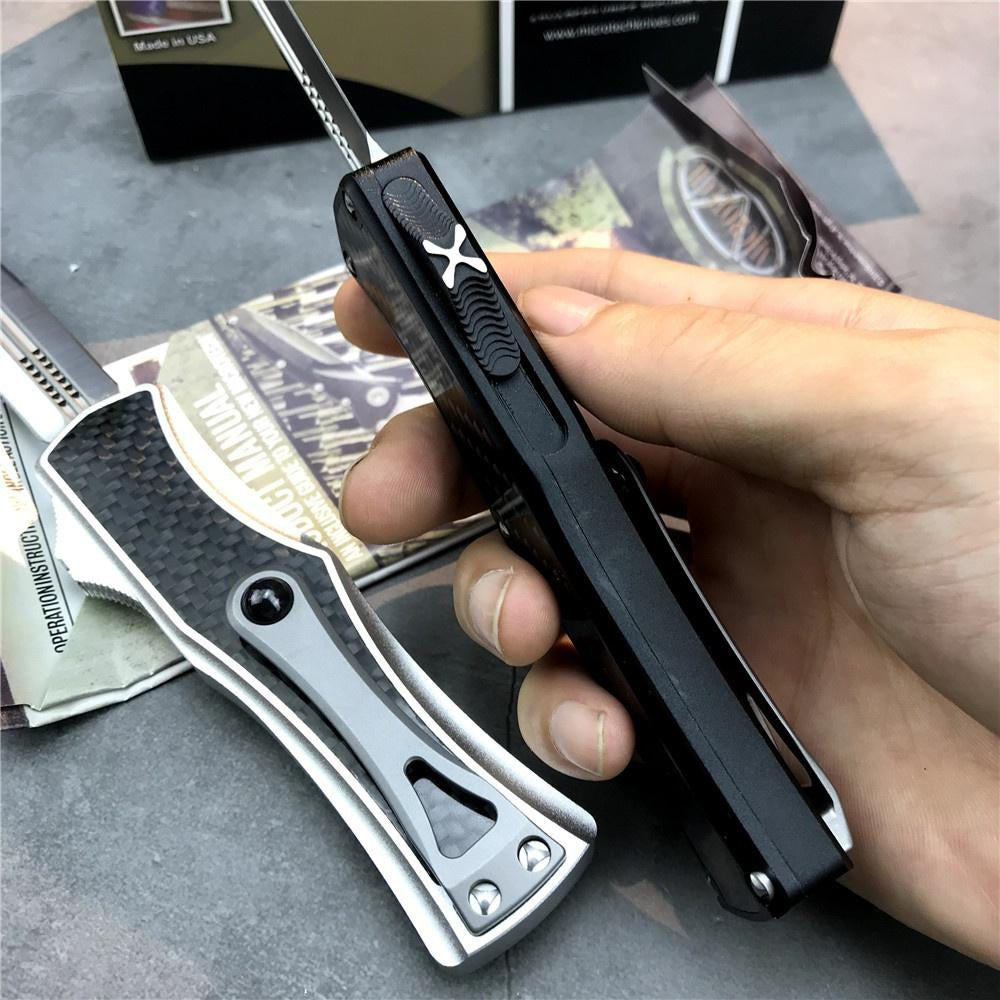 Microtech OTF tactical double automatic switchblade knife,D2 steel blade, 3K carbon fiber + aluminum handle,EDC Outdoor Hunting Pocket Knife