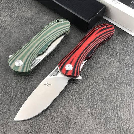HUAAO GC001 Outdoor Tactical Folding Knife Quick Open Pocket Knife Green and Red Stripe G10 Handles Wilderness Hunting Knife Portable Fruit Knife Camping Knives