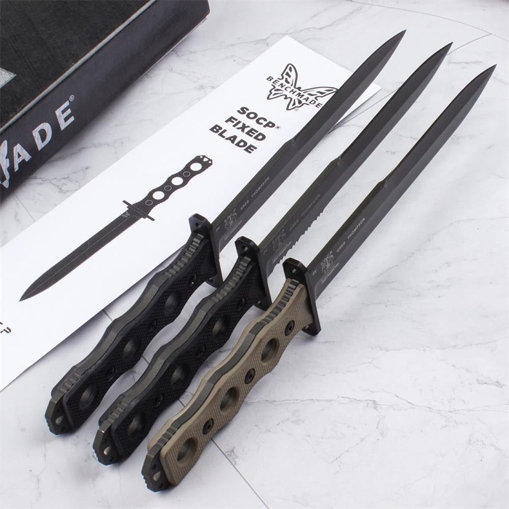 Benchmade 185BK SOCP Special Tactics Bushcraft Fixed Blade Knife 7.11" CPM-3V Black Double Edge Plain Dagger Blade G10 Handles Outdoor Hunting Camping Self Defense Combat Military Knife