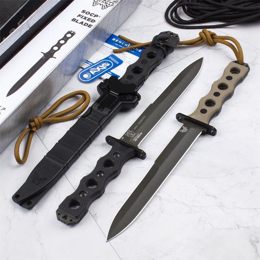 Benchmade 185BK SOCP Special Tactics Bushcraft Fixed Blade Knife 7.11" CPM-3V Black Double Edge Plain Dagger Blade G10 Handles Outdoor Hunting Camping Self Defense Combat Military Knife