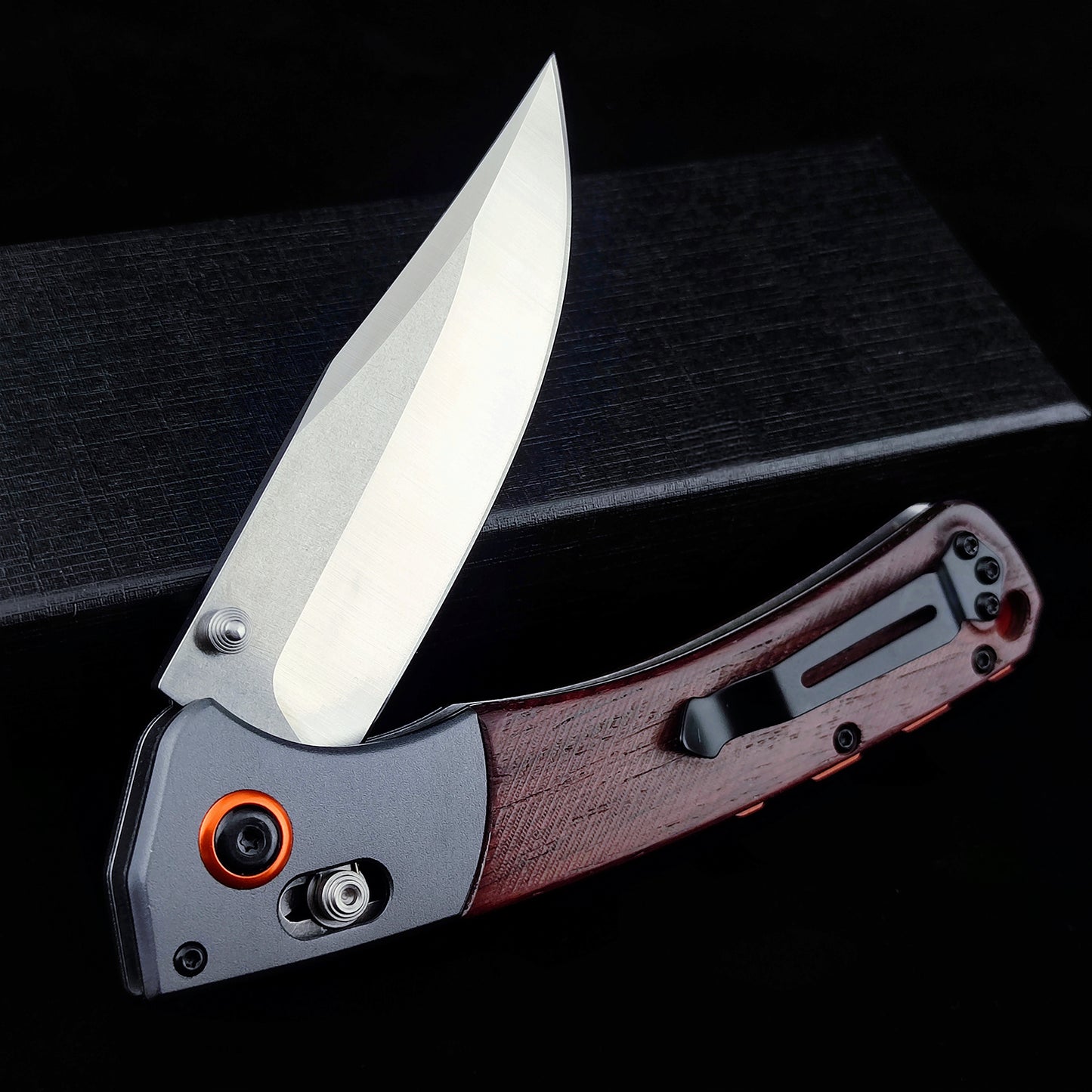 EDC Folding Pocket Knife, D2 Blade, Wood Handle, Thumb Stud Manual Open Camping Folding Knife for Outdoor (Orange)