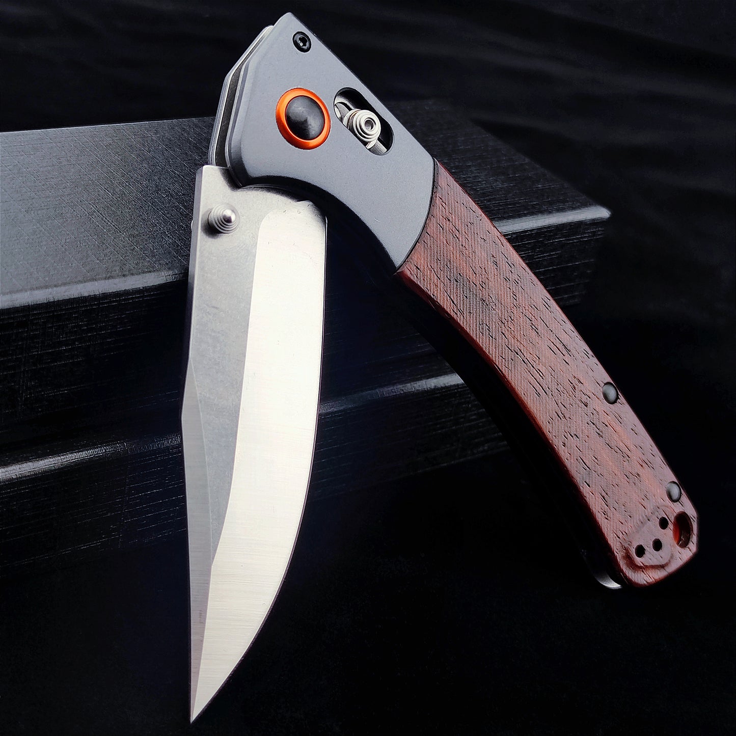 EDC Folding Pocket Knife, D2 Blade, Wood Handle, Thumb Stud Manual Open Camping Folding Knife for Outdoor (Orange)