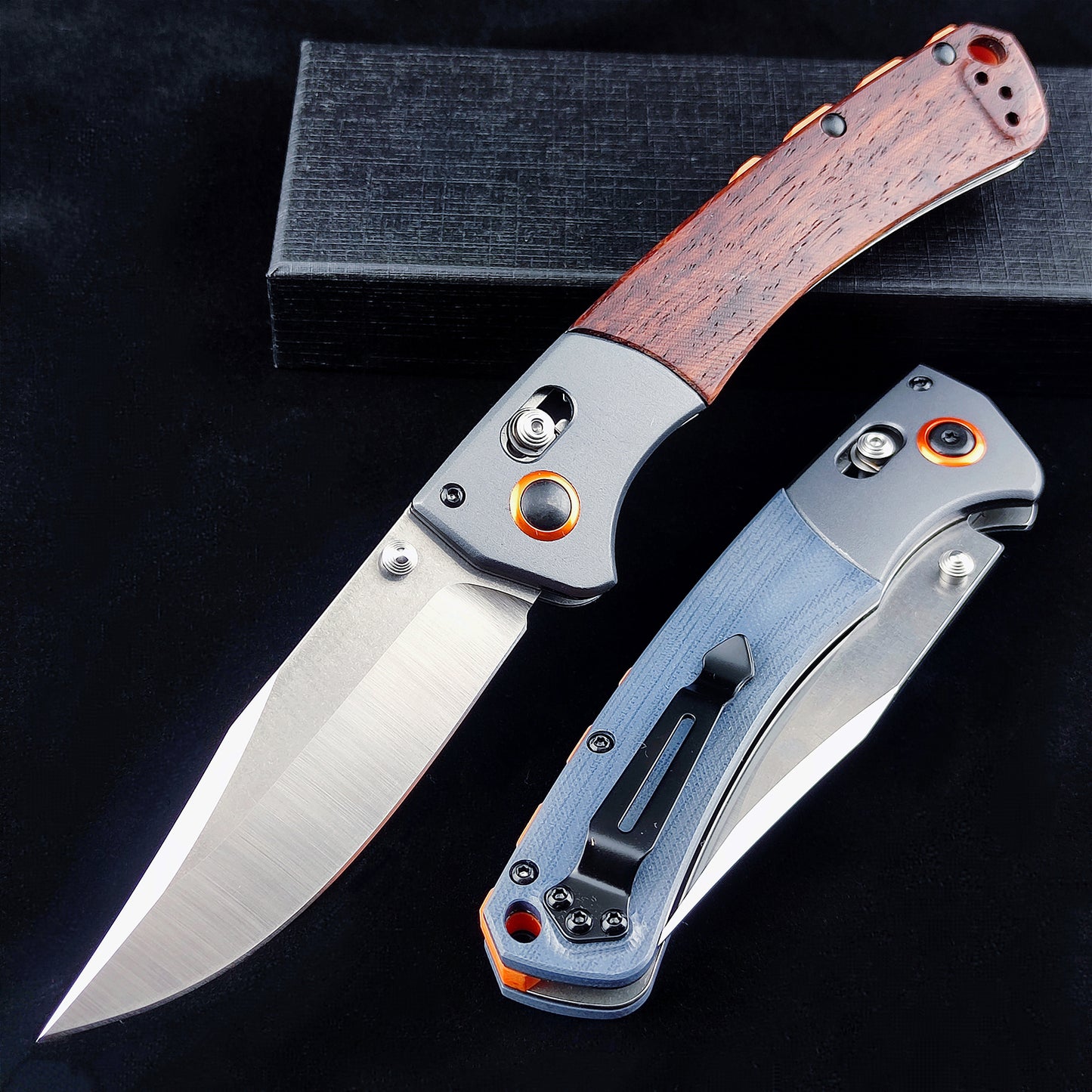 EDC Folding Pocket Knife, D2 Blade, Wood Handle, Thumb Stud Manual Open Camping Folding Knife for Outdoor (Orange)