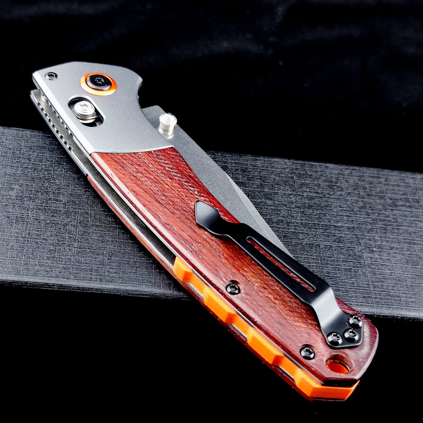 EDC Folding Pocket Knife, D2 Blade, Wood Handle, Thumb Stud Manual Open Camping Folding Knife for Outdoor (Orange)