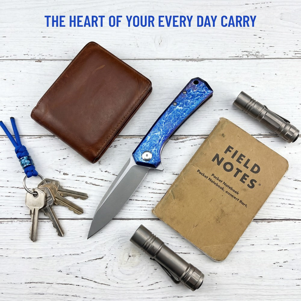 ZT0808 D2 Steel Flipper Folding Pocket Knife Anodized Blue Flame Pattern Titanium Alloy Handle