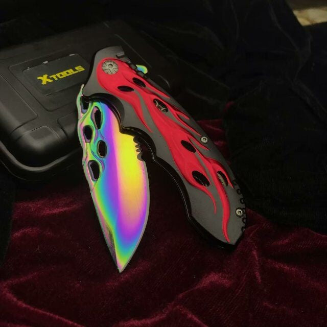 Folding pocket knife spring auxiliary knife quickly open red and black pattern handle survival camp knife practical tactical knife rainbow plated titanium