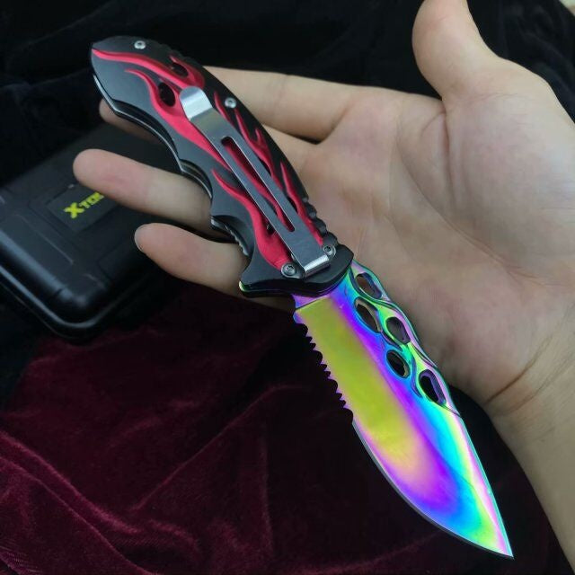 Folding pocket knife spring auxiliary knife quickly open red and black pattern handle survival camp knife practical tactical knife rainbow plated titanium
