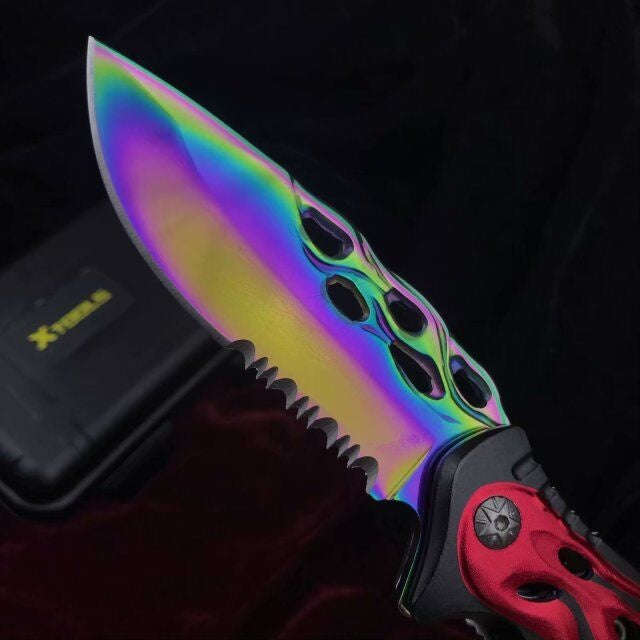 Folding pocket knife spring auxiliary knife quickly open red and black pattern handle survival camp knife practical tactical knife rainbow plated titanium