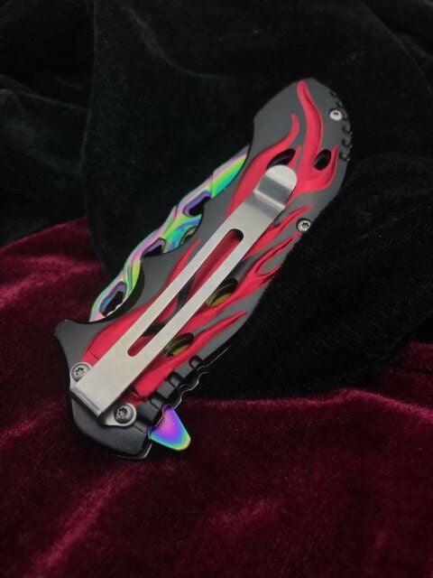 Folding pocket knife spring auxiliary knife quickly open red and black pattern handle survival camp knife practical tactical knife rainbow plated titanium