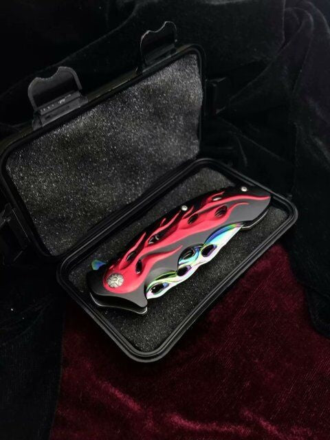 Folding pocket knife spring auxiliary knife quickly open red and black pattern handle survival camp knife practical tactical knife rainbow plated titanium