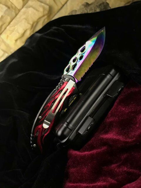 Folding pocket knife spring auxiliary knife quickly open red and black pattern handle survival camp knife practical tactical knife rainbow plated titanium