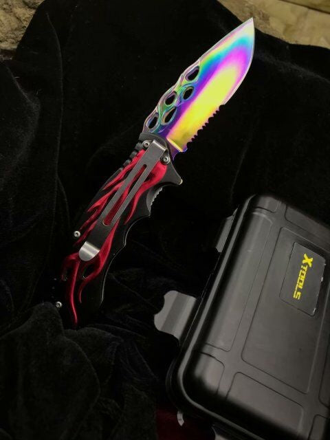 Folding pocket knife spring auxiliary knife quickly open red and black pattern handle survival camp knife practical tactical knife rainbow plated titanium