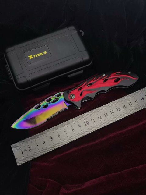 Folding pocket knife spring auxiliary knife quickly open red and black pattern handle survival camp knife practical tactical knife rainbow plated titanium