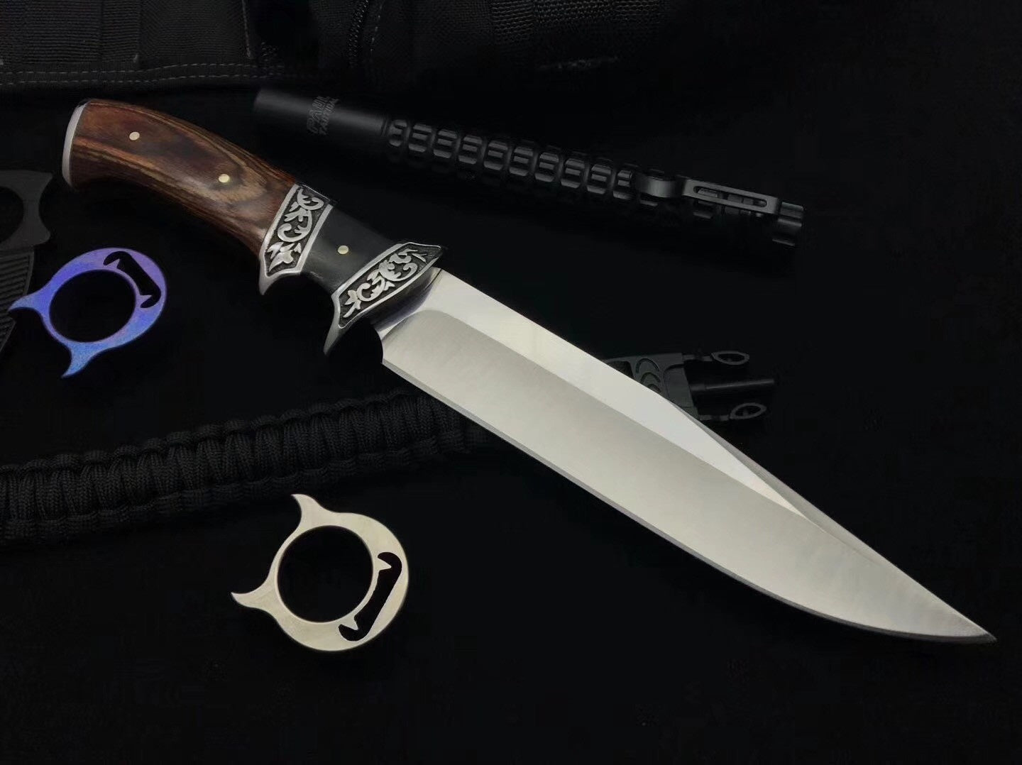 Columbia Tactical straight knife fixed blade 3CR13 hunting camping survival knife, double steel head carved + imported color wood handle, tactical pocket knife outdoor practical knife EDC tool nylon sheath
