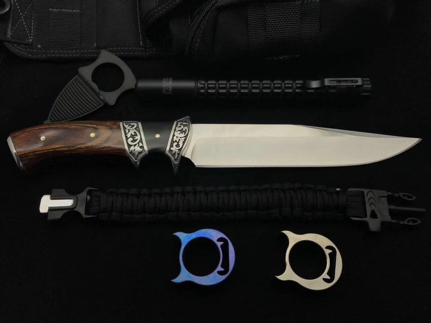 Columbia Tactical straight knife fixed blade 3CR13 hunting camping survival knife, double steel head carved + imported color wood handle, tactical pocket knife outdoor practical knife EDC tool nylon sheath