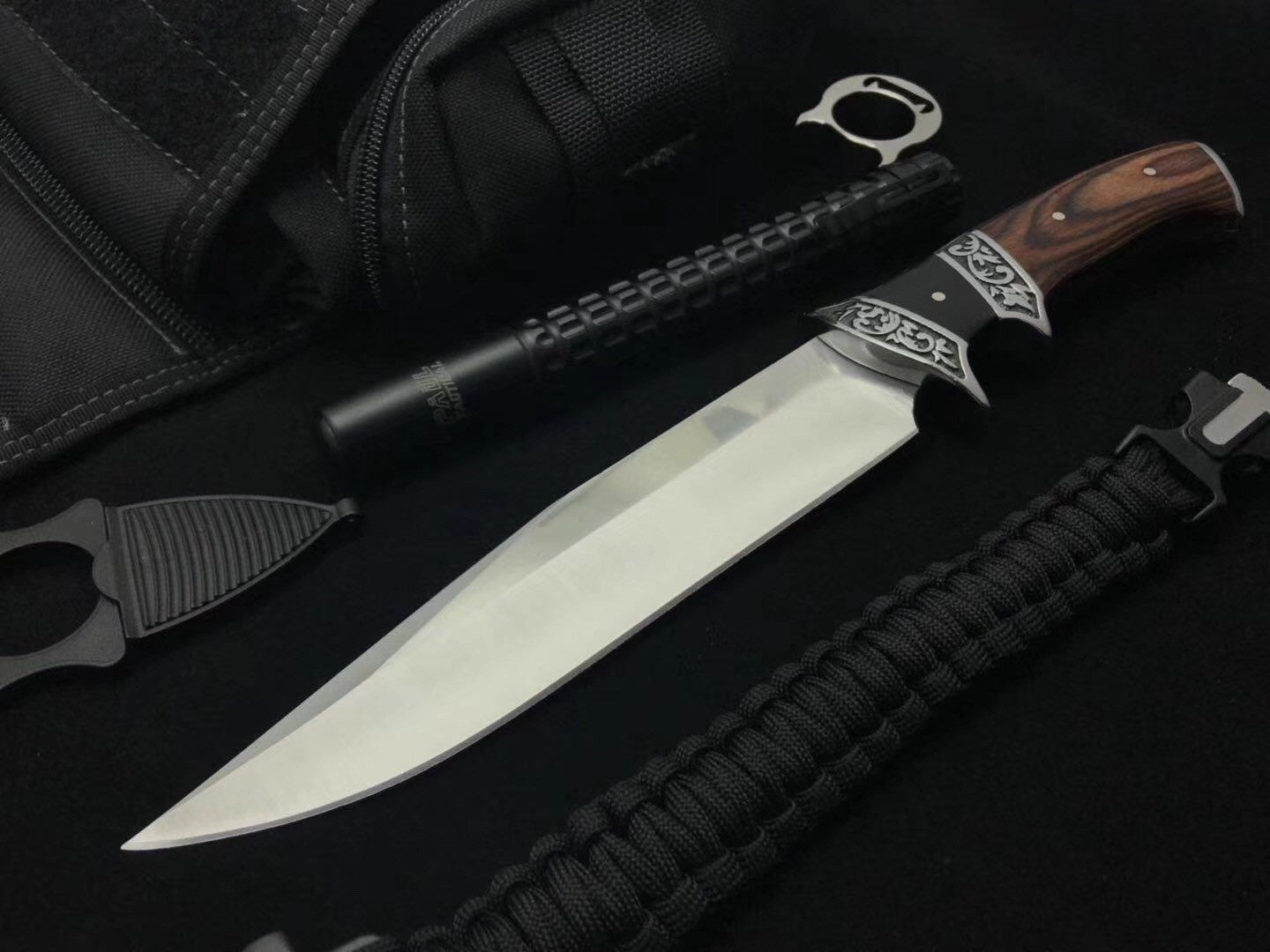 Columbia Tactical straight knife fixed blade 3CR13 hunting camping survival knife, double steel head carved + imported color wood handle, tactical pocket knife outdoor practical knife EDC tool nylon sheath