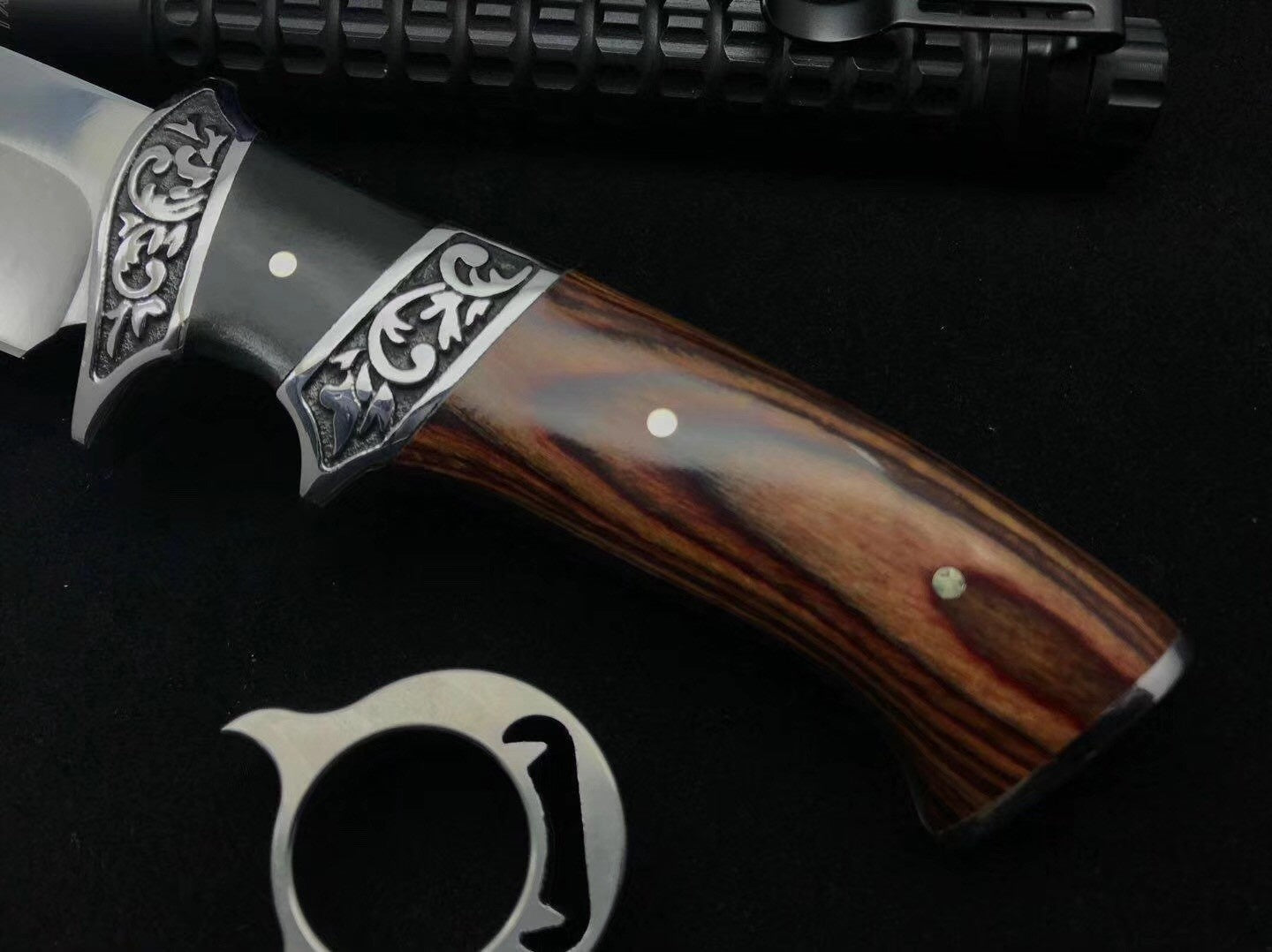 Columbia Tactical straight knife fixed blade 3CR13 hunting camping survival knife, double steel head carved + imported color wood handle, tactical pocket knife outdoor practical knife EDC tool nylon sheath