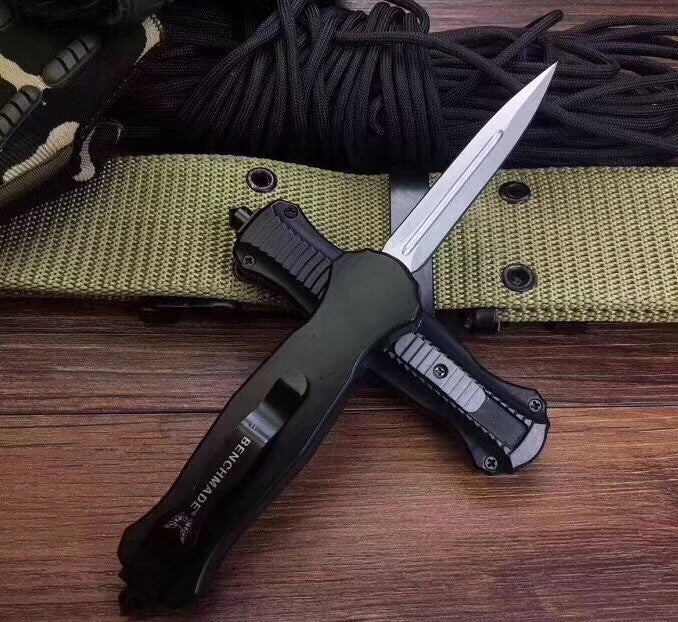 BENCHMADE "5.8" small spring knife, 440 blade spring auxiliary knife tactical dagger sharp double-edged aluminum handle, gift for friends