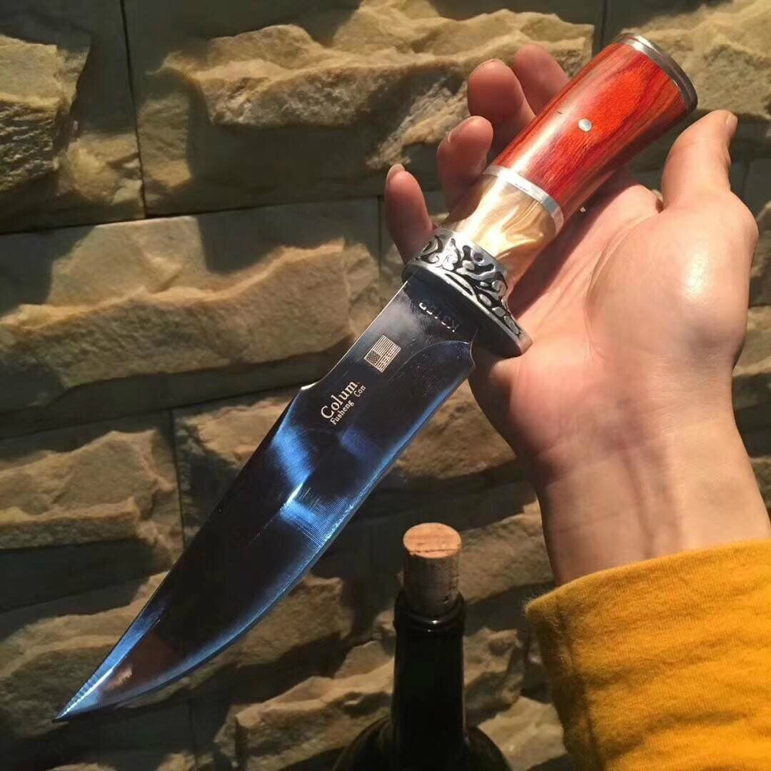 Columbia Outdoor camping steel head + resin + color wood handle survival knife, 3Cr13Mov fixed-blade straight knife outdoor tactical rescue tool hunting
