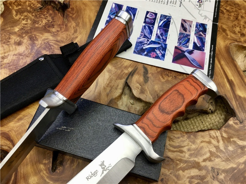 12.4 Inch Survival Fixed Blade Hunting Knives 5cr13 Blade Wood Handle Outdoor Tactical Straight Knife Jungle Camping Tools