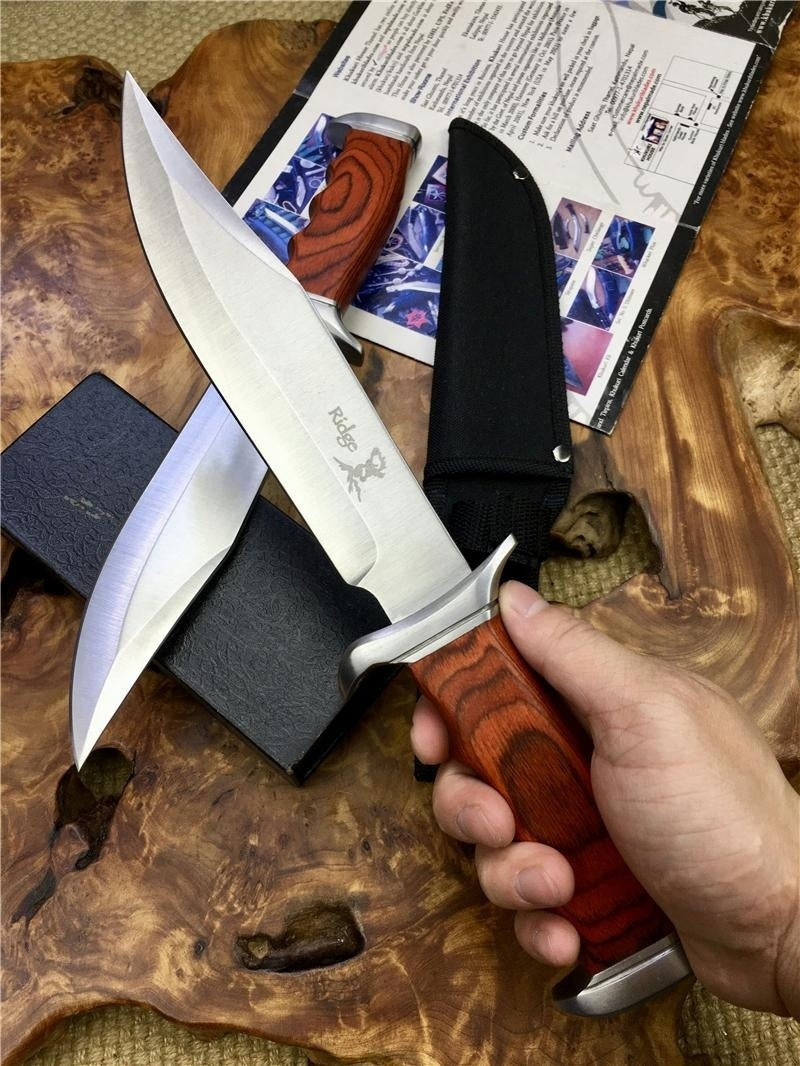 12.4 Inch Survival Fixed Blade Hunting Knives 5cr13 Blade Wood Handle Outdoor Tactical Straight Knife Jungle Camping Tools