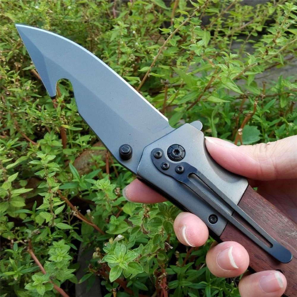 Assisted Open Knife Outdoor Folding Pocket Knife Cutting Tool Portable Survival Camping Self-defense Knife Wood Handle with Hook