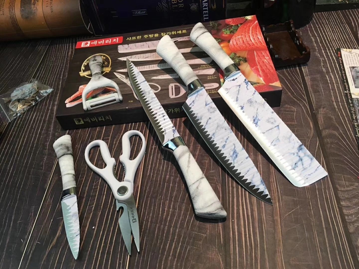 Kitchen Knives Set 6pcs EVERRICH 8" Chef Knife 8" Carving Knife 8" Small Cleaver 3.5" Paring Knife Scissors Ceramic Peeler Two colors are available