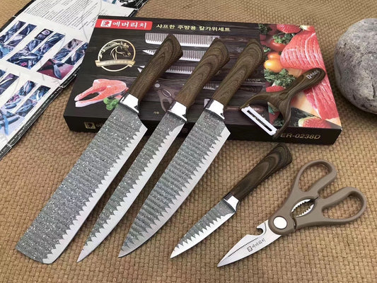 Kitchen Knives Set 6pcs EVERRICH 8" Chef Knife 8" Carving Knife 8" Small Cleaver 3.5" Paring Knife Scissors Ceramic Peeler Two colors are available