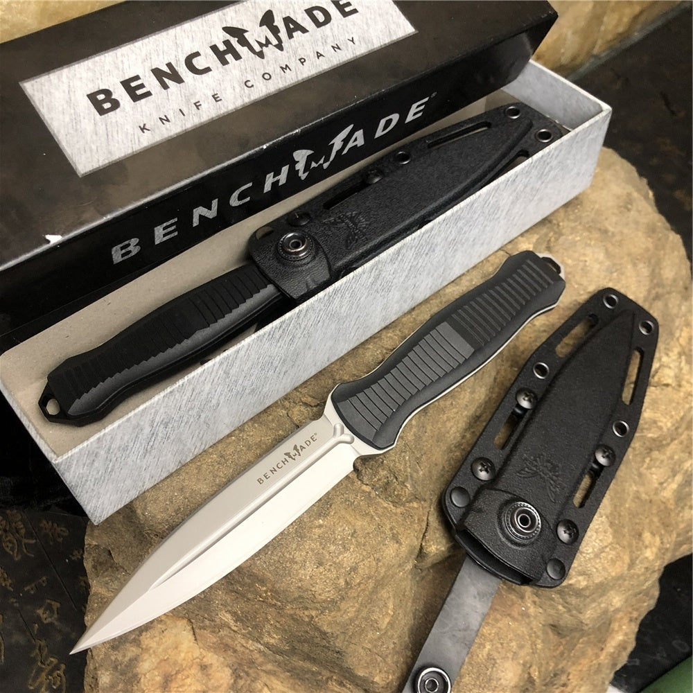 BENCHMADE 133BK Tactical Fixed Blade Knives Infidel 4.52" D2 Satin Double Edge Dagger Blade, Black &White Nylon Glass Fiber Handles, Boltaron Sheath
