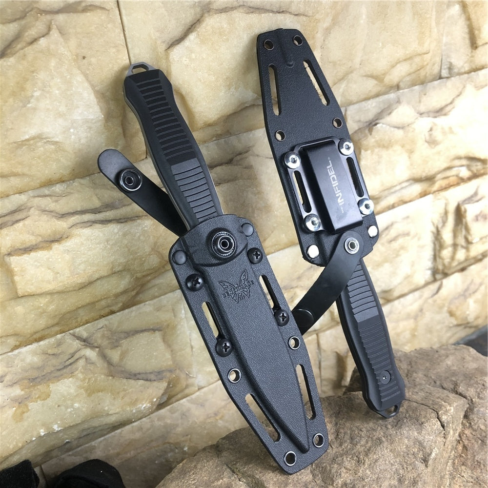 BENCHMADE 133BK Tactical Fixed Blade Knives Infidel 4.52" D2 Satin Double Edge Dagger Blade, Black &White Nylon Glass Fiber Handles, Boltaron Sheath