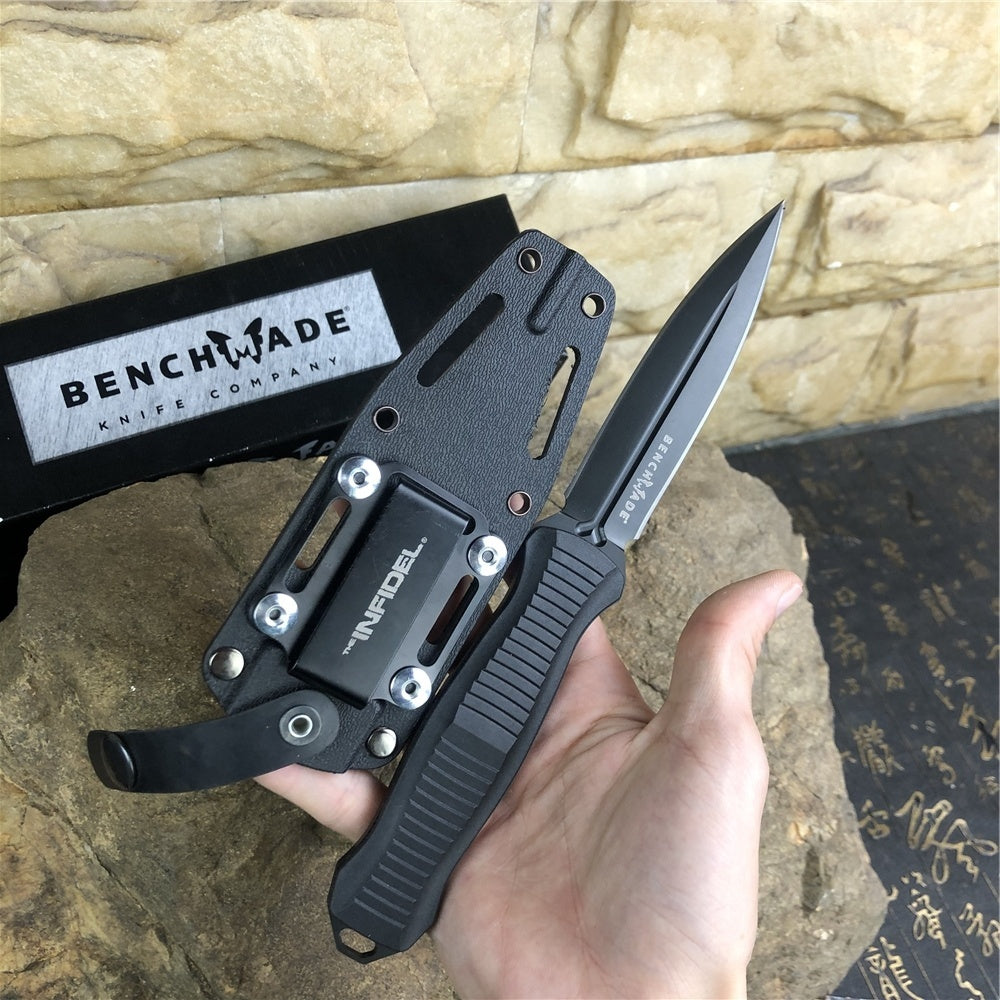 BENCHMADE 133BK Tactical Fixed Blade Knives Infidel 4.52" D2 Satin Double Edge Dagger Blade, Black &White Nylon Glass Fiber Handles, Boltaron Sheath