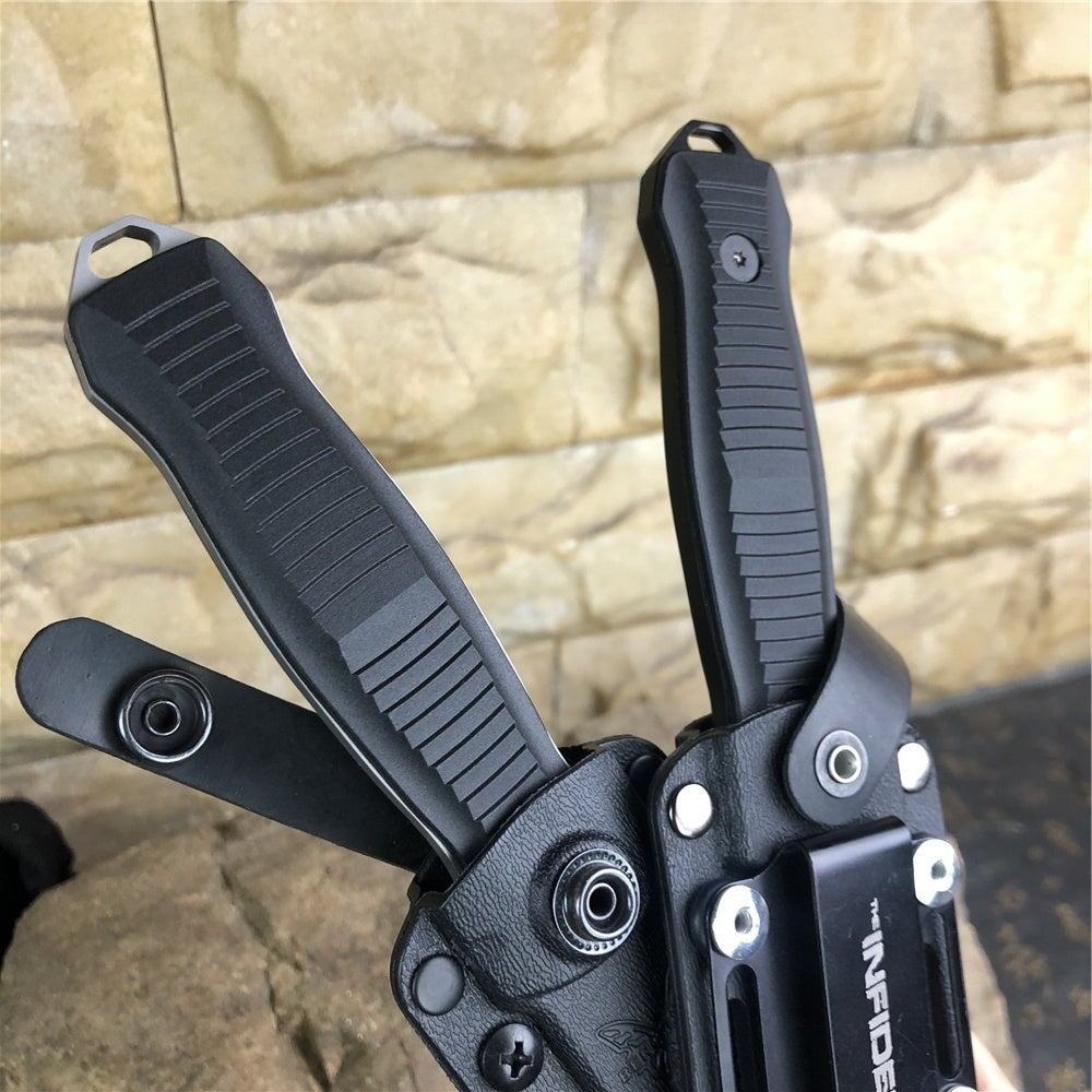 BENCHMADE 133BK Tactical Fixed Blade Knives Infidel 4.52" D2 Satin Double Edge Dagger Blade, Black &White Nylon Glass Fiber Handles, Boltaron Sheath