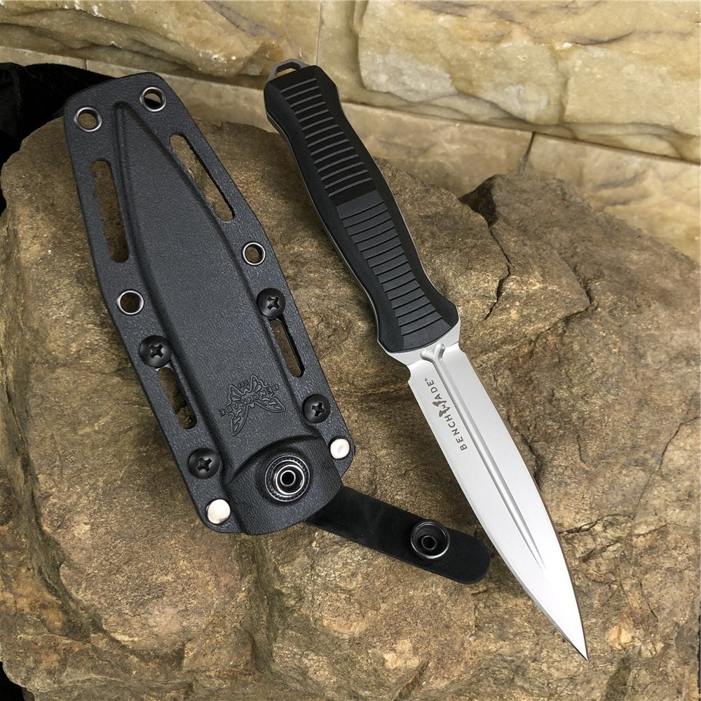BENCHMADE 133BK Tactical Fixed Blade Knives Infidel 4.52" D2 Satin Double Edge Dagger Blade, Black &White Nylon Glass Fiber Handles, Boltaron Sheath