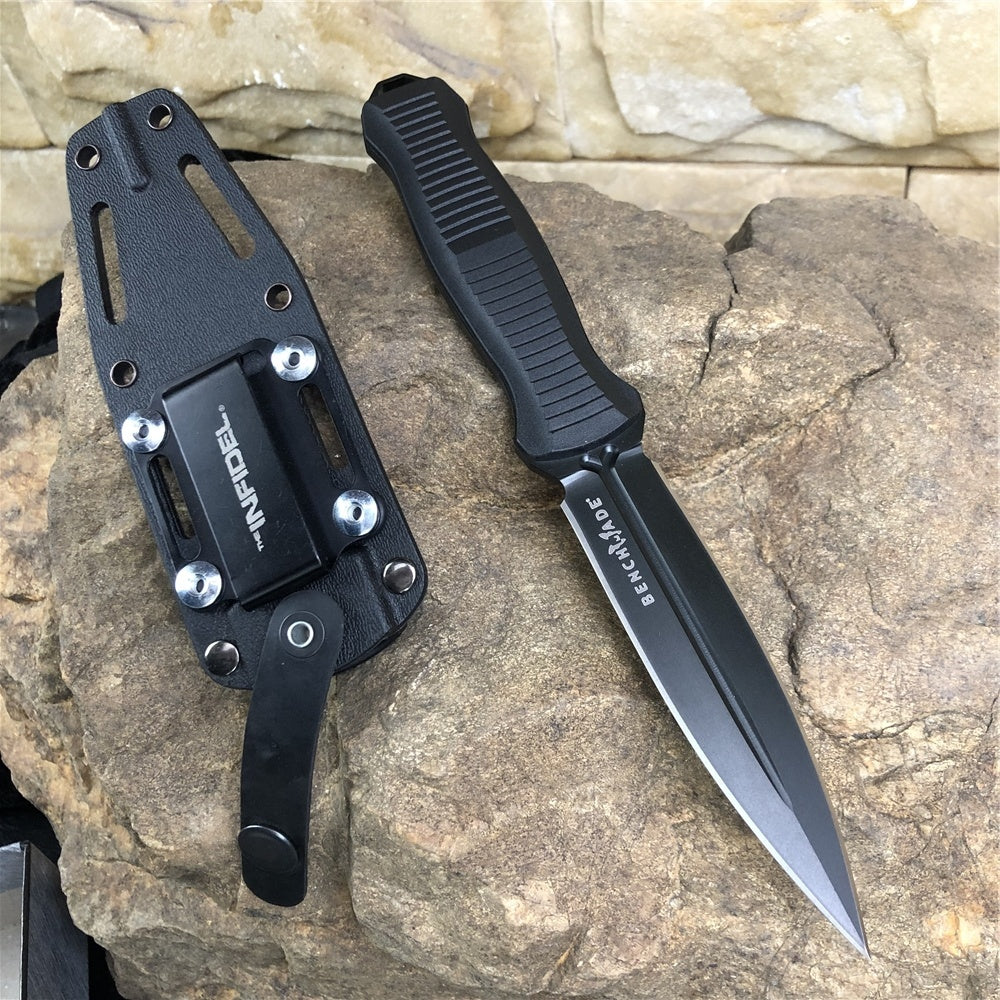 BENCHMADE 133BK Tactical Fixed Blade Knives Infidel 4.52" D2 Satin Double Edge Dagger Blade, Black &White Nylon Glass Fiber Handles, Boltaron Sheath