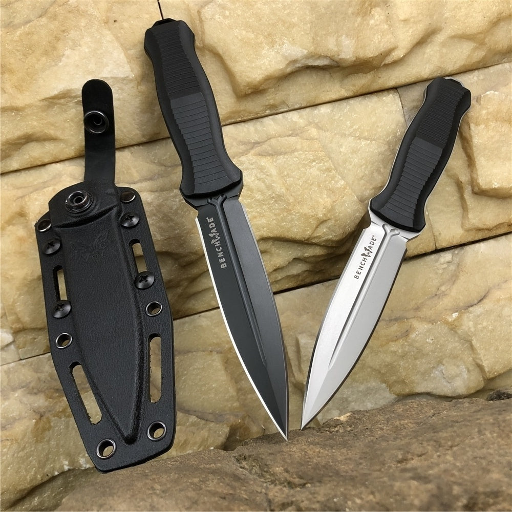 BENCHMADE 133BK Tactical Fixed Blade Knives Infidel 4.52" D2 Satin Double Edge Dagger Blade, Black &White Nylon Glass Fiber Handles, Boltaron Sheath