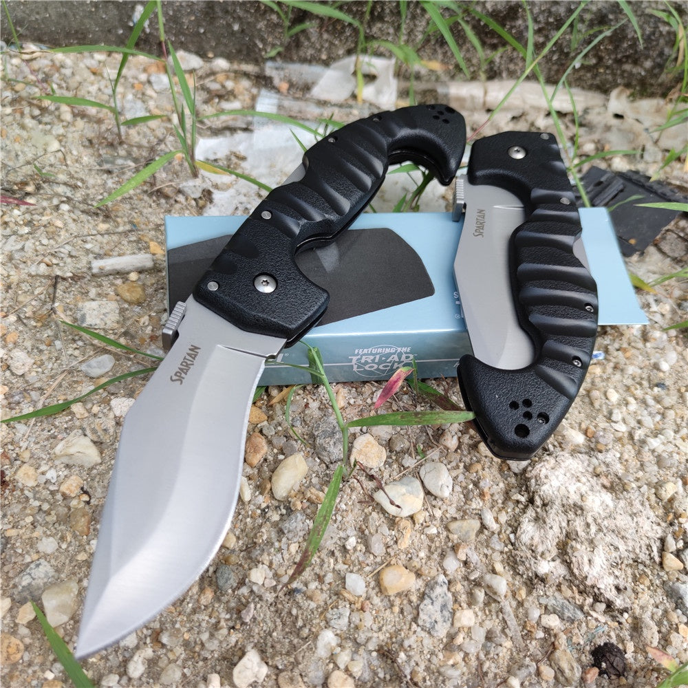 Heavy Tactical Folding Knife Spartan 21ST Kopis Tri-Ad Lockback Knives ( 4.5" Stonewash AUS 10A Blade  Black Nylon Fiberglass Handle ) Fighting Survival and Hunting Tools