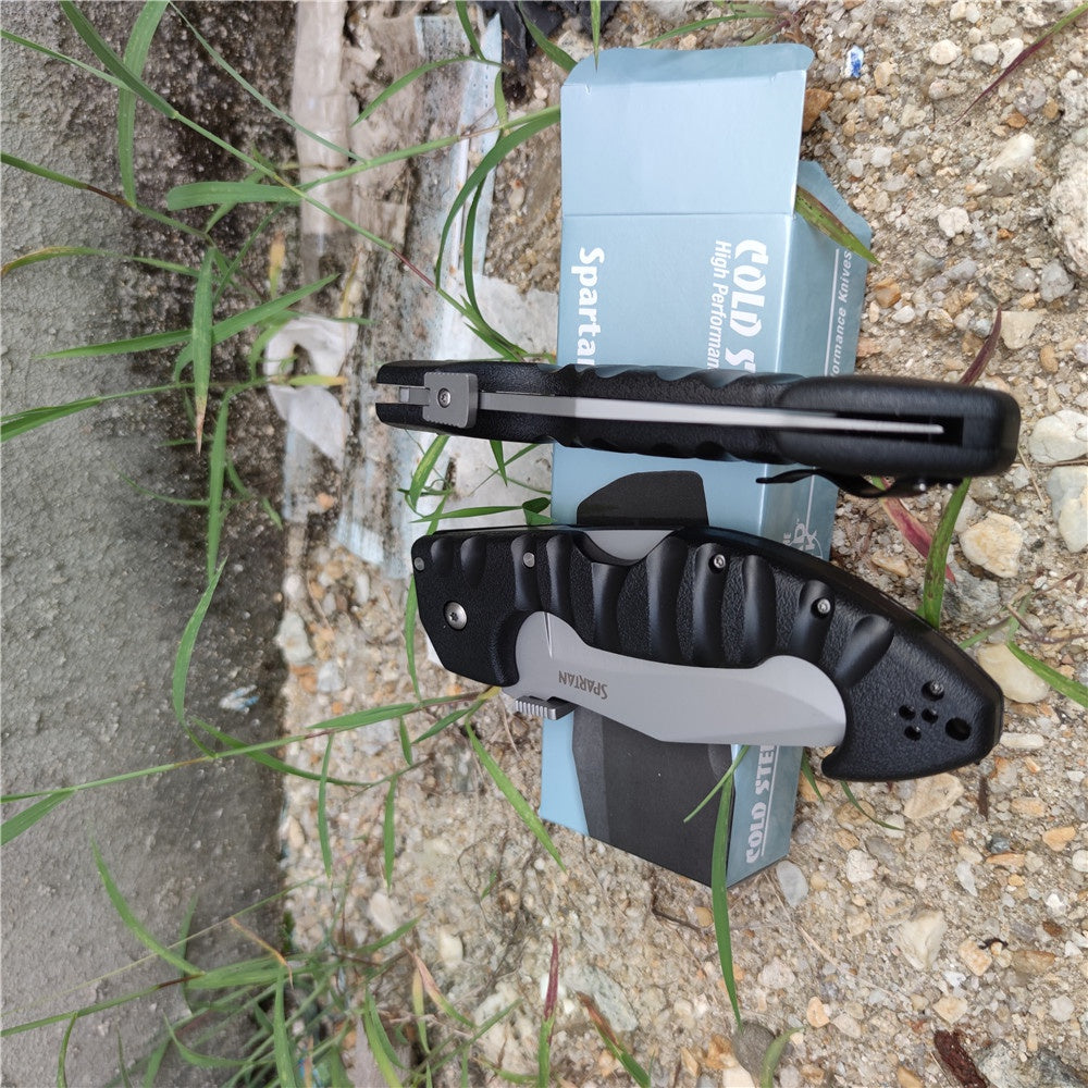 Heavy Tactical Folding Knife Spartan 21ST Kopis Tri-Ad Lockback Knives ( 4.5" Stonewash AUS 10A Blade  Black Nylon Fiberglass Handle ) Fighting Survival and Hunting Tools