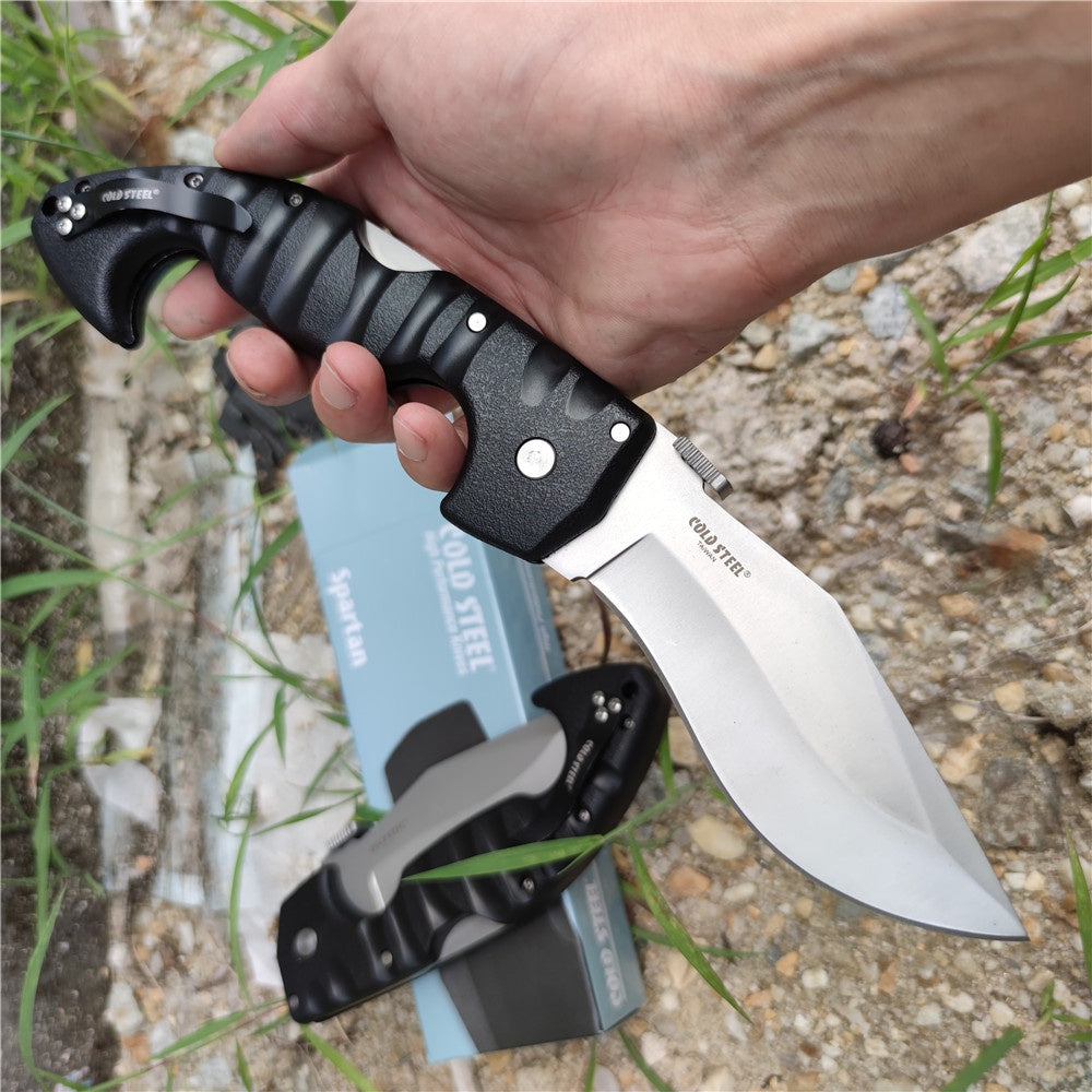 Heavy Tactical Folding Knife Spartan 21ST Kopis Tri-Ad Lockback Knives ( 4.5" Stonewash AUS 10A Blade  Black Nylon Fiberglass Handle ) Fighting Survival and Hunting Tools