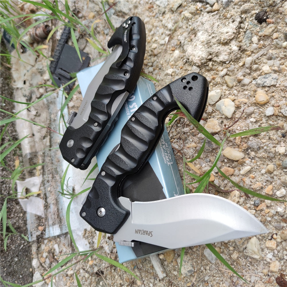 Heavy Tactical Folding Knife Spartan 21ST Kopis Tri-Ad Lockback Knives ( 4.5" Stonewash AUS 10A Blade  Black Nylon Fiberglass Handle ) Fighting Survival and Hunting Tools