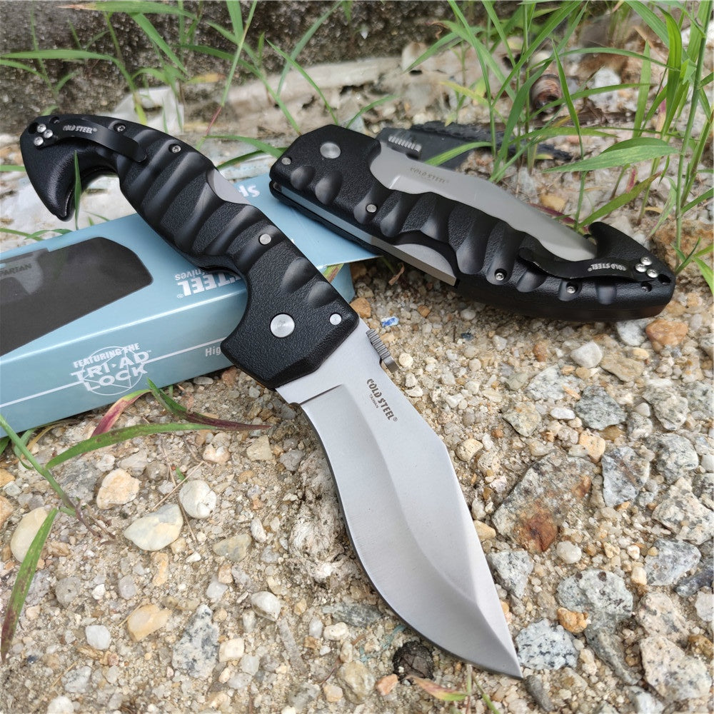 Heavy Tactical Folding Knife Spartan 21ST Kopis Tri-Ad Lockback Knives ( 4.5" Stonewash AUS 10A Blade  Black Nylon Fiberglass Handle ) Fighting Survival and Hunting Tools