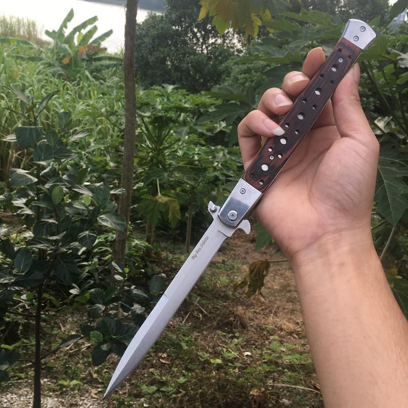 13" Spring Assisted STILETTO Pocket Knife Italian Folding Tactical Stiletto Knifes Wood Handle Wilderness Self-defense Knife Pocket Survival Knife New