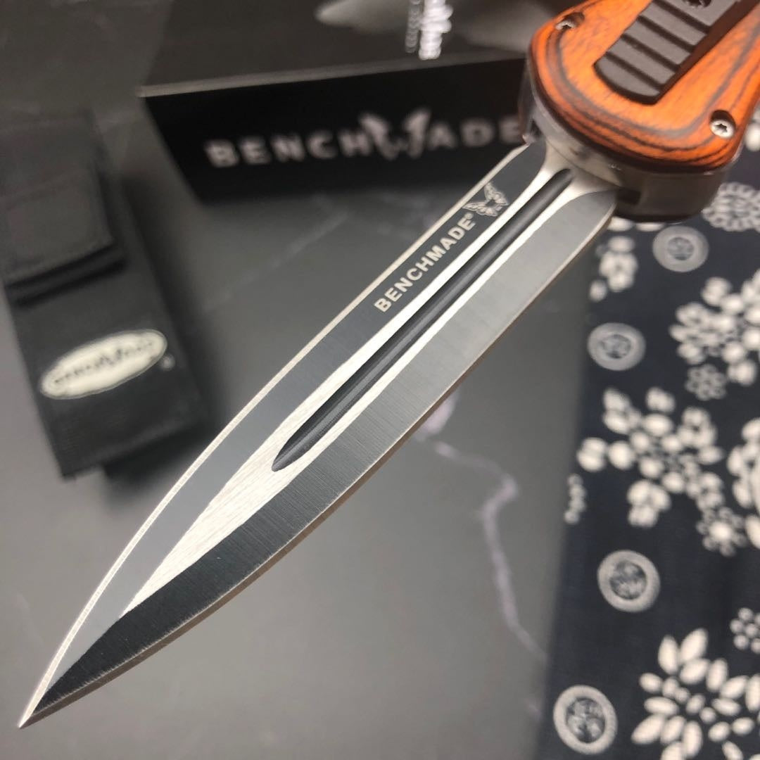 BENCHMADE quick switch OTF automatic knife military EDC spring assisted tactical knife D2 steel blade arrow double blade sandalwood handle outdoor camping self defense spring Dagger