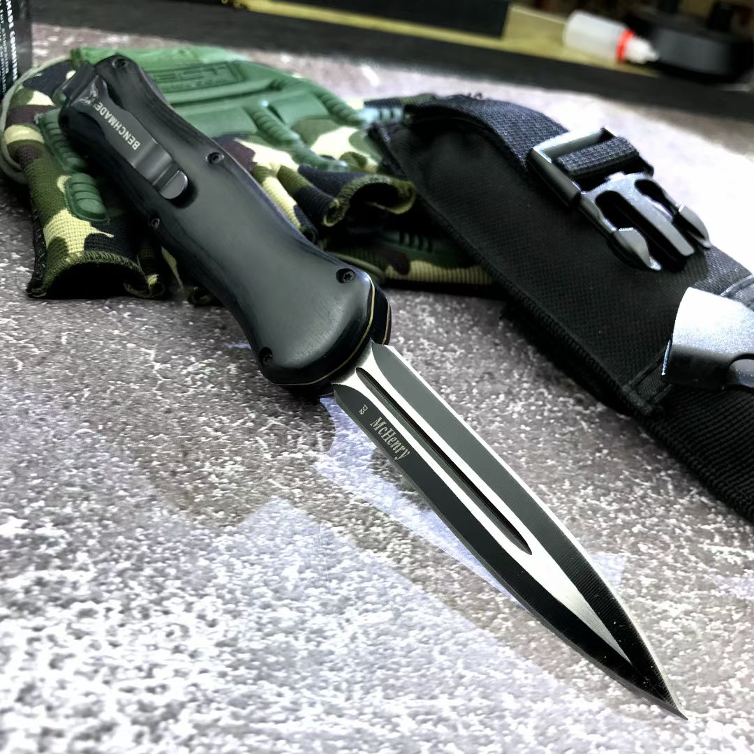 BENCHMADE quick switch OTF automatic knife military EDC spring assisted tactical knife D2 steel blade arrow double blade sandalwood handle outdoor camping self defense spring Dagger