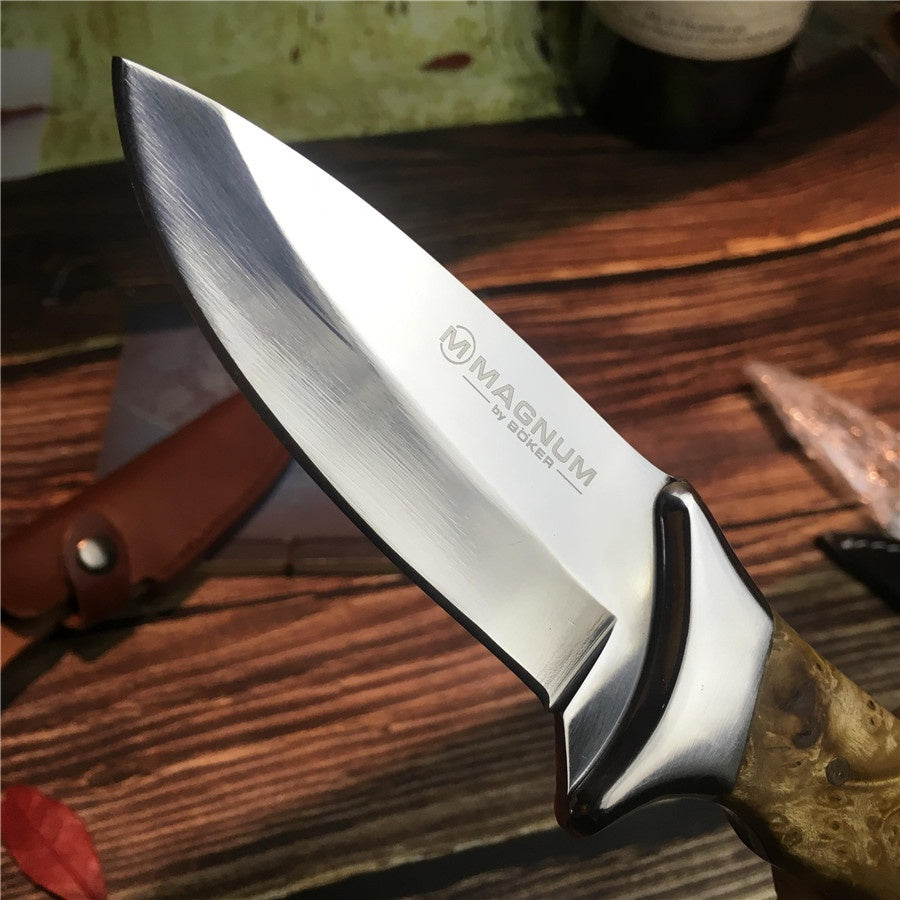 Stainless Steel Blade Shadow Wood Handle Straight Knife Hunting Tactical Outdoor Tool Knives for Outdoor Survival Leather Sheath
