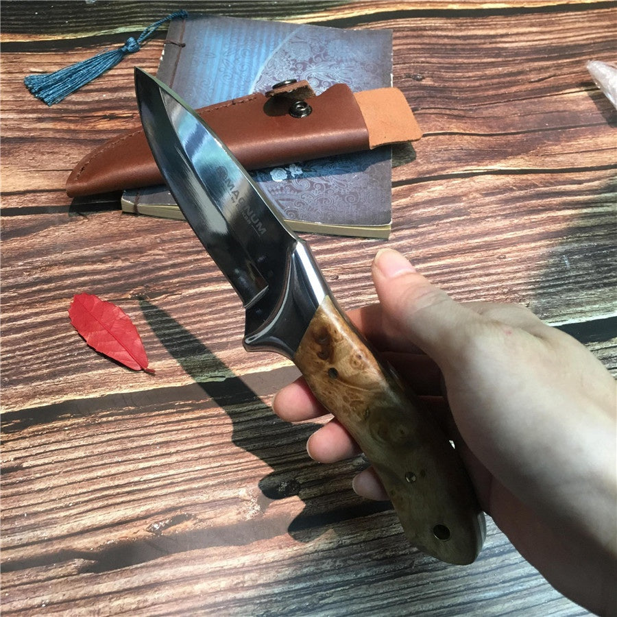 Stainless Steel Blade Shadow Wood Handle Straight Knife Hunting Tactical Outdoor Tool Knives for Outdoor Survival Leather Sheath